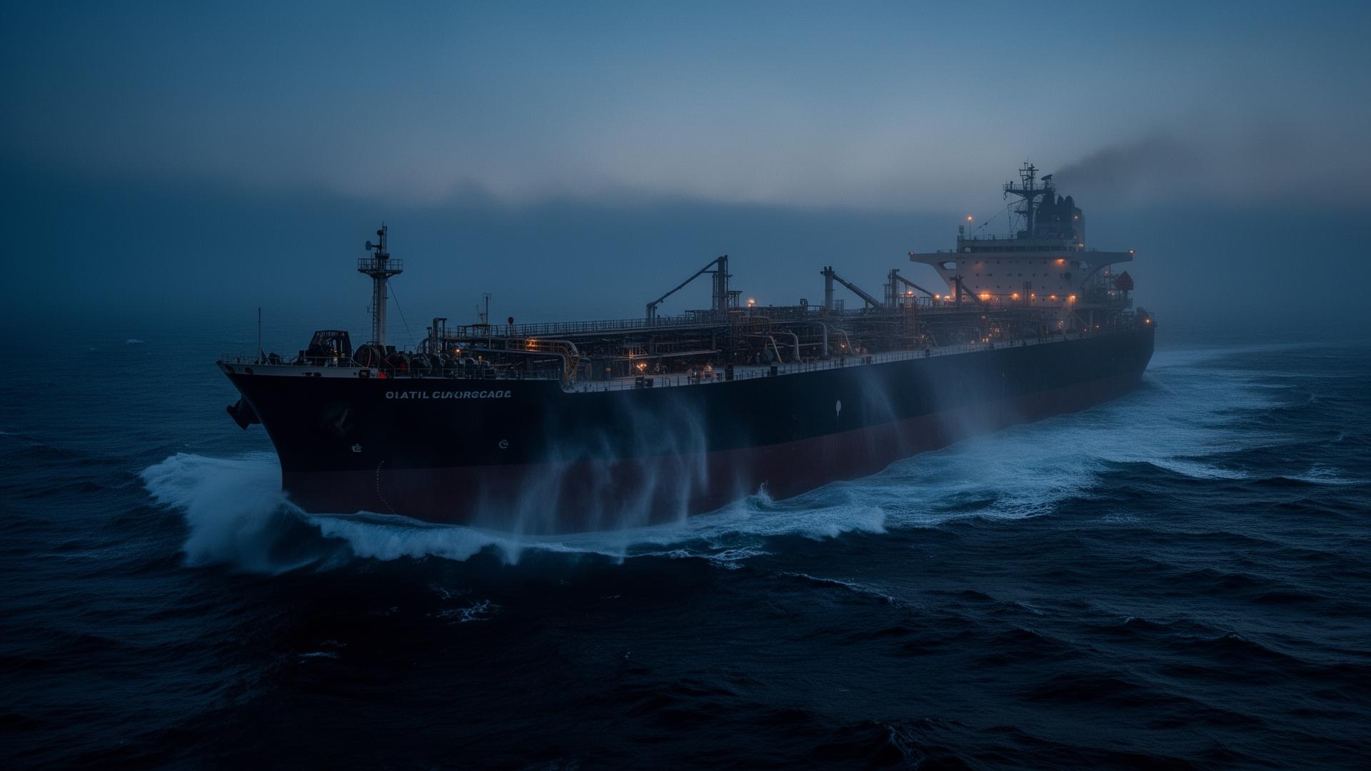 Crude oil tanker at sea during blue hour