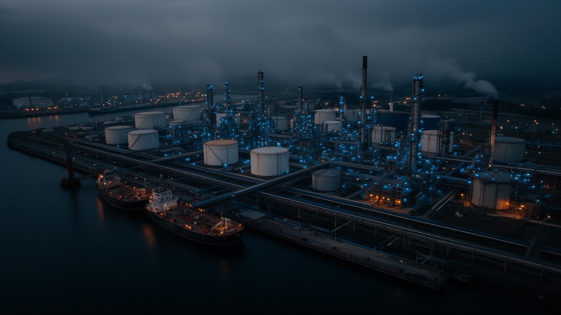 Industrial port terminal at dusk